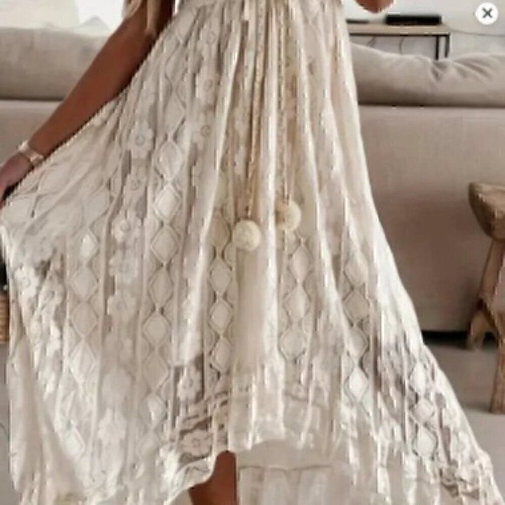 Women's Lace Hollow Out Tassel Trim V Neck Bohemian Maxi Dress L - Picture 4 of 15